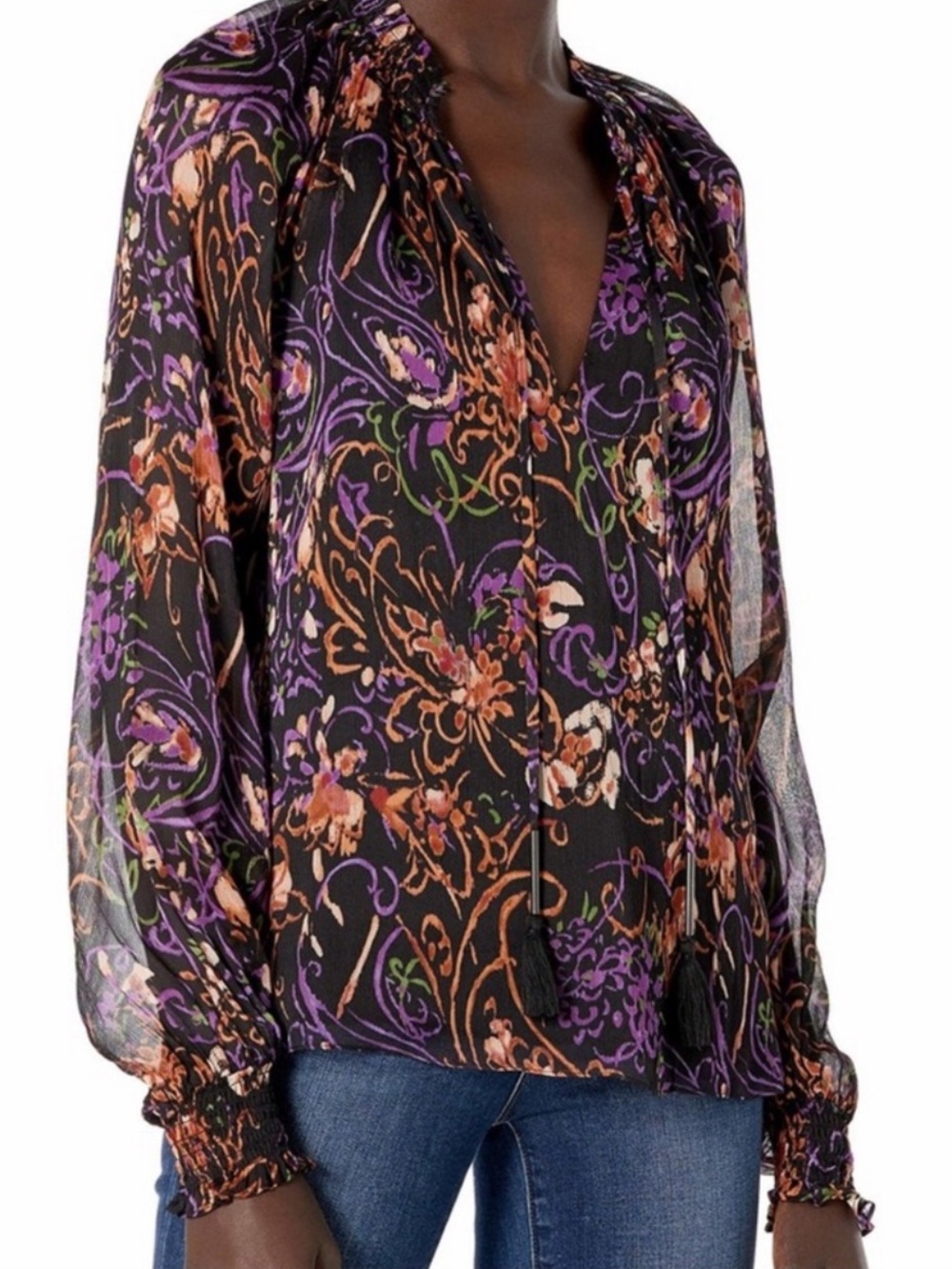 Ramy Brook Long Sleeved Black and Purple Blouse with Sheer Sleeves. Size XS - Picture 2 of 16
